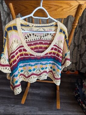 Vintage-Inspired Multicolor Crochet Knit Sweater - Cream & Teal